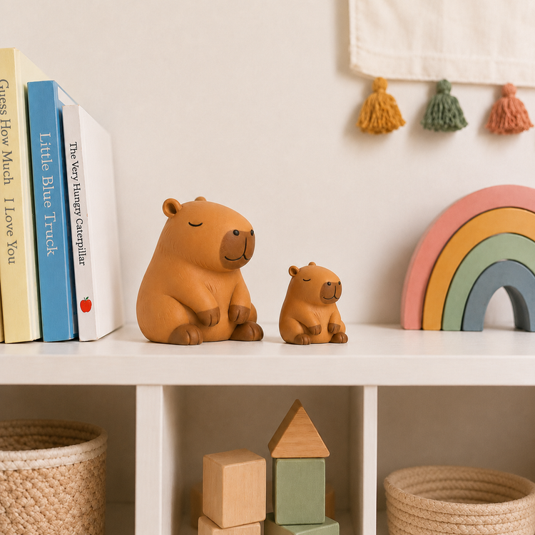 Large and small 3D-printed capybara figurines displayed together on a nursery shelf